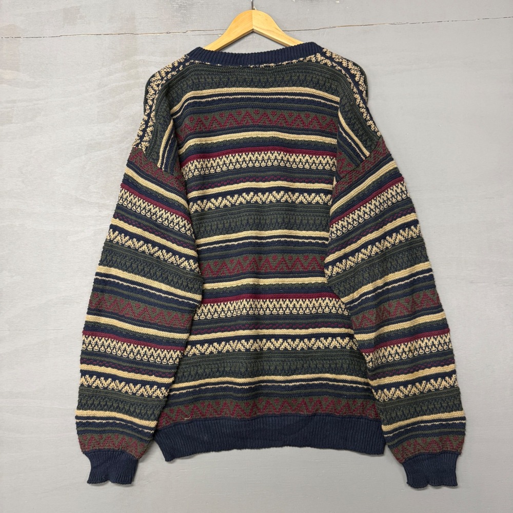 Vintage Peconic Bay Traders Henley Sweater Multi Striped Geometric Knit Large - Picture 3 of 5